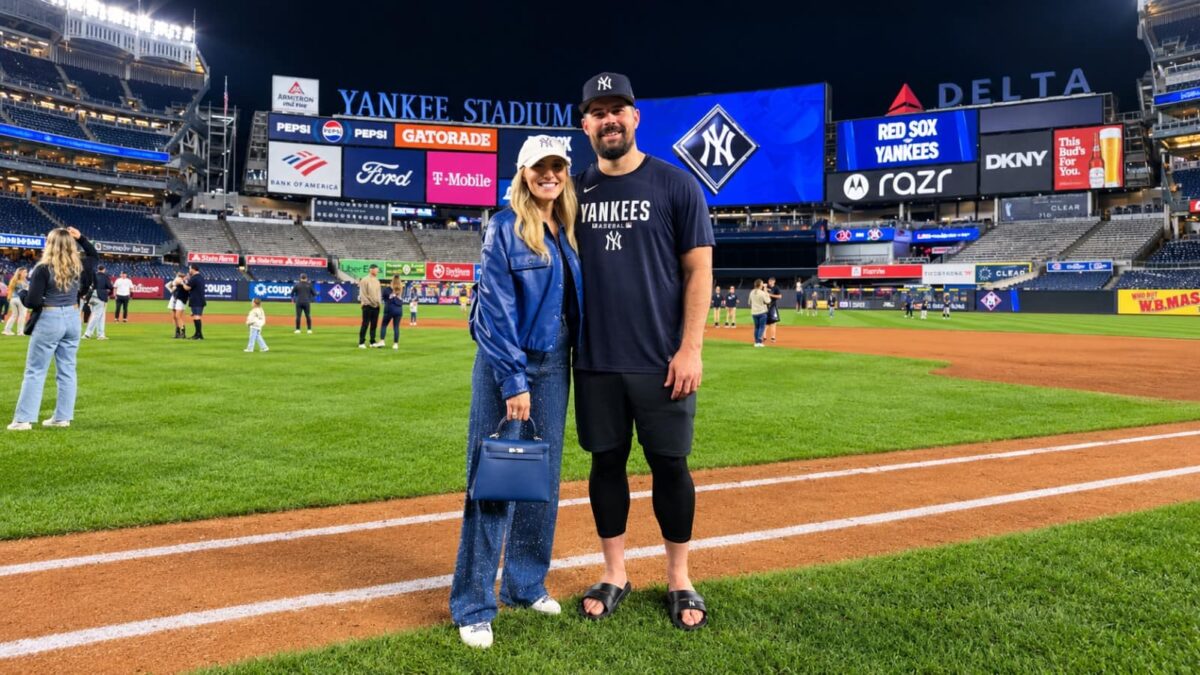 Carlos Rodon is with wife Ashley at Yankee Stadium during the 2026 season.
