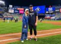 Carlos Rodon is with wife Ashley at Yankee Stadium during the 2026 season.