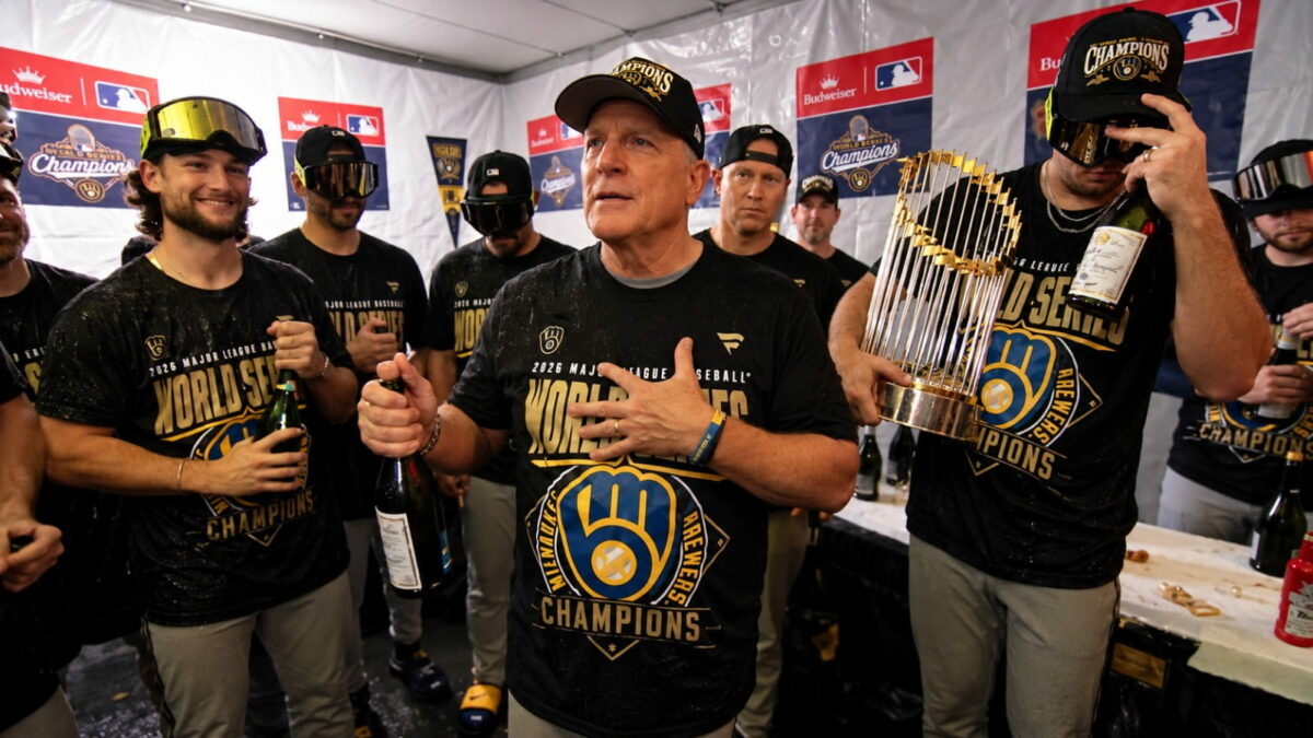 Manager Pat Murphy speaks after the Brewers rout the Rays 4-1 in 12 inning to win first World Series in Tropicana Field in St. Petersburg, Florida, Oct. 28, 2026.