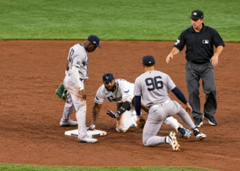 Jazz Chisholm Jr.'s throwing error to George Lombard Jr. let Rays 3B Junior Caminero reach at second base in the first inning in the Yankees' 5-2 ALDS loss to the Rays, Tampa, October 5, 2026.