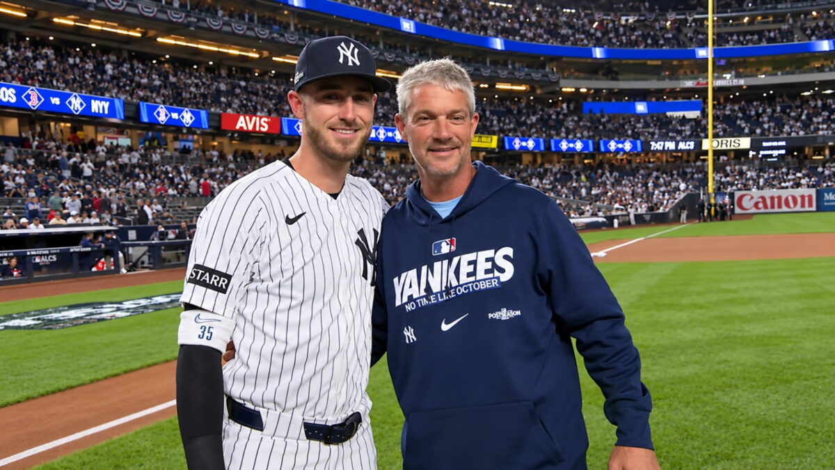 Cody Bellinger with father Clay, who threw the ceremonial pitch, before the Yankees' 9-2 rout of the Red Sox at Yankee Stadium, New York, September 30, 2026.