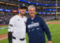 Cody Bellinger with father Clay, who threw the ceremonial pitch, before the Yankees' 9-2 rout of the Red Sox at Yankee Stadium, New York, September 30, 2026.