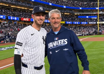 Cody Bellinger with father Clay, who threw the ceremonial pitch, before the Yankees' 9-2 rout of the Red Sox at Yankee Stadium, New York, September 30, 2026.