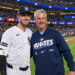 Cody Bellinger with father Clay, who threw the ceremonial pitch, before the Yankees' 9-2 rout of the Red Sox at Yankee Stadium, New York, September 30, 2026.