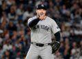 David Bednar reacts after his save in the Yankees' 4-2 win over the Nationals in Washington, D.C., July 11, 2026.