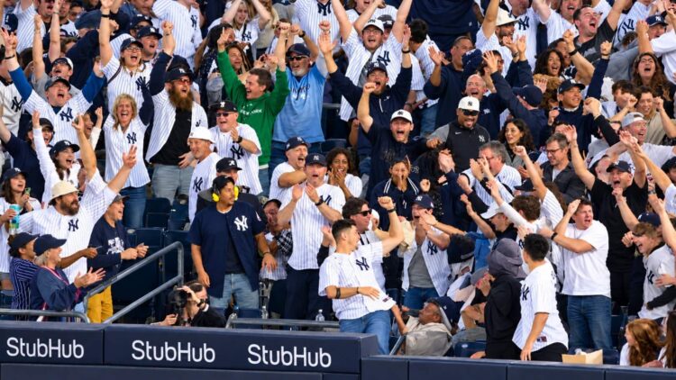 Yankees fans celebrate after the Yankees' 9-2 rout of the Red Sox at Yankee Stadium, New York, September 30, 2026.