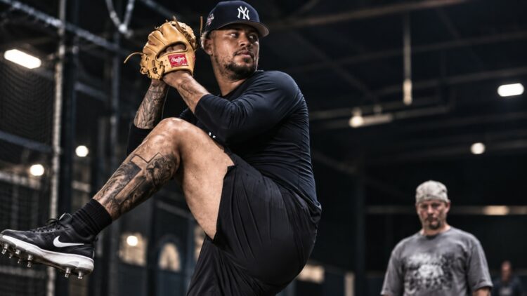 Former Yankees pitcher Frankie Montas at a training session in Oct, 2026.