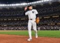 George Lombard Jr. salute the crowd after the Yankees' 9-2 rout of the Red Sox at Yankee Stadium, New York, September 30, 2026.