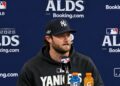 Gerrit Cole answer questions ahead of the Yankees' ALDS game against the Rays, Tampa, October 2, 2026.