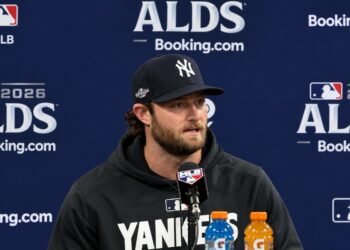 Gerrit Cole answer questions ahead of the Yankees' ALDS game against the Rays, Tampa, October 2, 2026.
