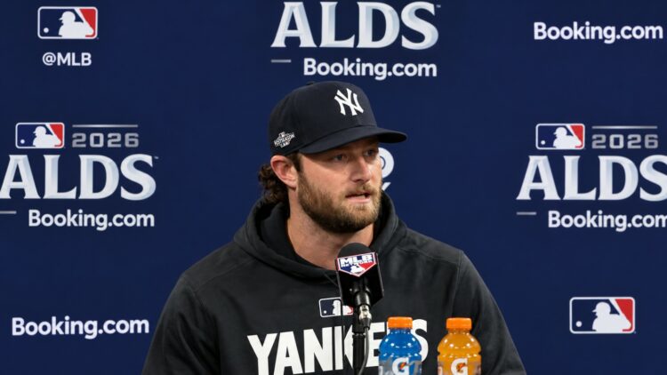Gerrit Cole answer questions ahead of the Yankees' ALDS game against the Rays, Tampa, October 2, 2026.