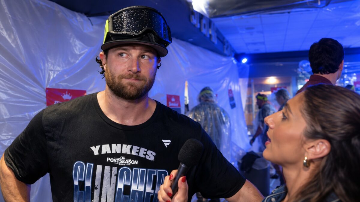 Gerrit Cole speaks after the Yankees' 9-2 rout of the Red Sox to win Wild Card Series at Yankee Stadium, New York, September 30, 2026.