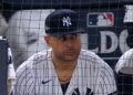 Giancarlo Stanton watches during the Yankees' 9-2 rout of the Red Sox at Yankee Stadium, New York, September 30, 2026.