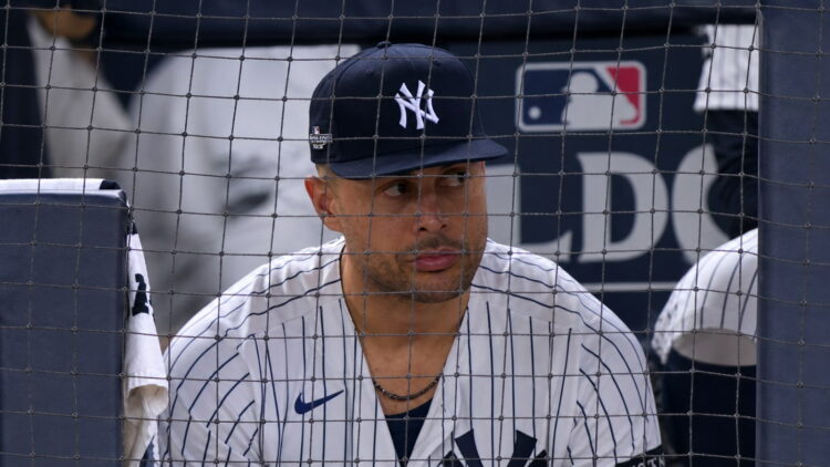 Giancarlo Stanton watches during the Yankees' 9-2 rout of the Red Sox at Yankee Stadium, New York, September 30, 2026.