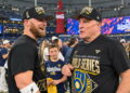 Manager Pat Murphy is with ex-Yankees and current Milwaukee player Jake Bauers after the Brewers rout the Rays to win first World Series in Tropicana Field in St. Petersburg, Florida, Oct. 28, 2026.