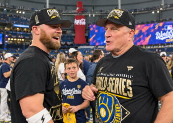 Manager Pat Murphy is with ex-Yankees and current Milwaukee player Jake Bauers after the Brewers rout the Rays to win first World Series in Tropicana Field in St. Petersburg, Florida, Oct. 28, 2026.