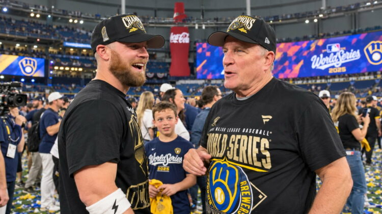 Manager Pat Murphy is with ex-Yankees and current Milwaukee player Jake Bauers after the Brewers rout the Rays to win first World Series in Tropicana Field in St. Petersburg, Florida, Oct. 28, 2026.