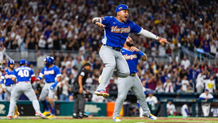 Javier Sanoja celebrates after Venezuela won the World Baseball Classic beating Team USA 3–2, Miami, Florida, March 17, 2026.
