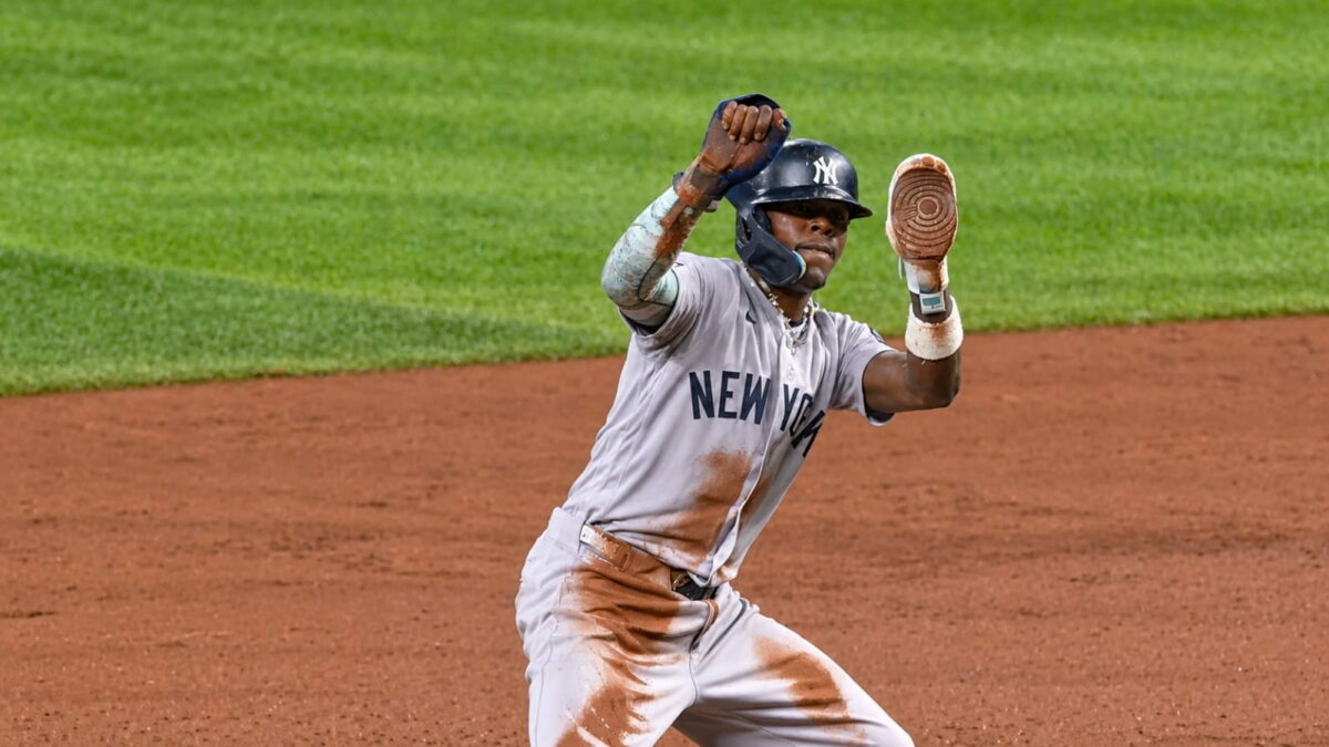 Jazz Chisholm Jr. reacts after stealing the second base in the Yankees' 1-0 ALDS loss to the Rays, Tampa, October 3, 2026.