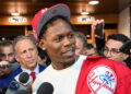 Jazz Chisholm Jr. talks to reporters after the Yankees' 4-3 ALDS loss to the Rays, New York, October 7, 2026.