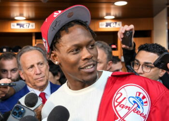 Jazz Chisholm Jr. talks to reporters after the Yankees' 4-3 ALDS loss to the Rays, New York, October 7, 2026.