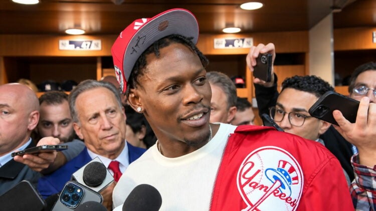 Jazz Chisholm Jr. talks to reporters after the Yankees' 4-3 ALDS loss to the Rays, New York, October 7, 2026.