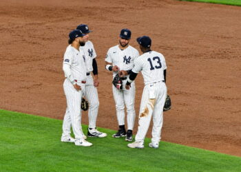Jazz Chisholm Jr. is with his teammates during the Yankees' 9-2 rout of the Red Sox at Yankee Stadium, New York, September 30, 2026.