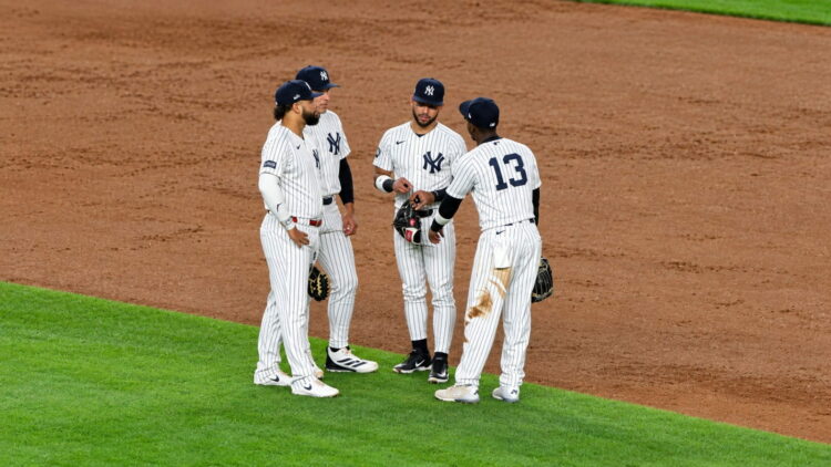 Jazz Chisholm Jr. is with his teammates during the Yankees' 9-2 rout of the Red Sox at Yankee Stadium, New York, September 30, 2026.