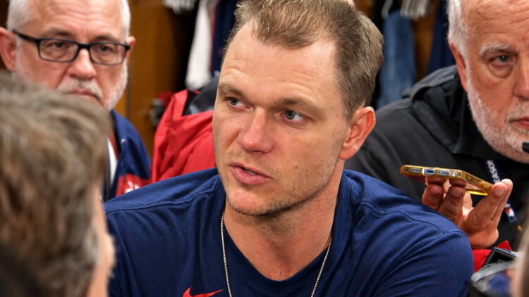 Sonny Gray talks to reporters after controversial outing in the Yankees' 9-2 rout of the Red Sox at Yankee Stadium, New York, September 30, 2026.