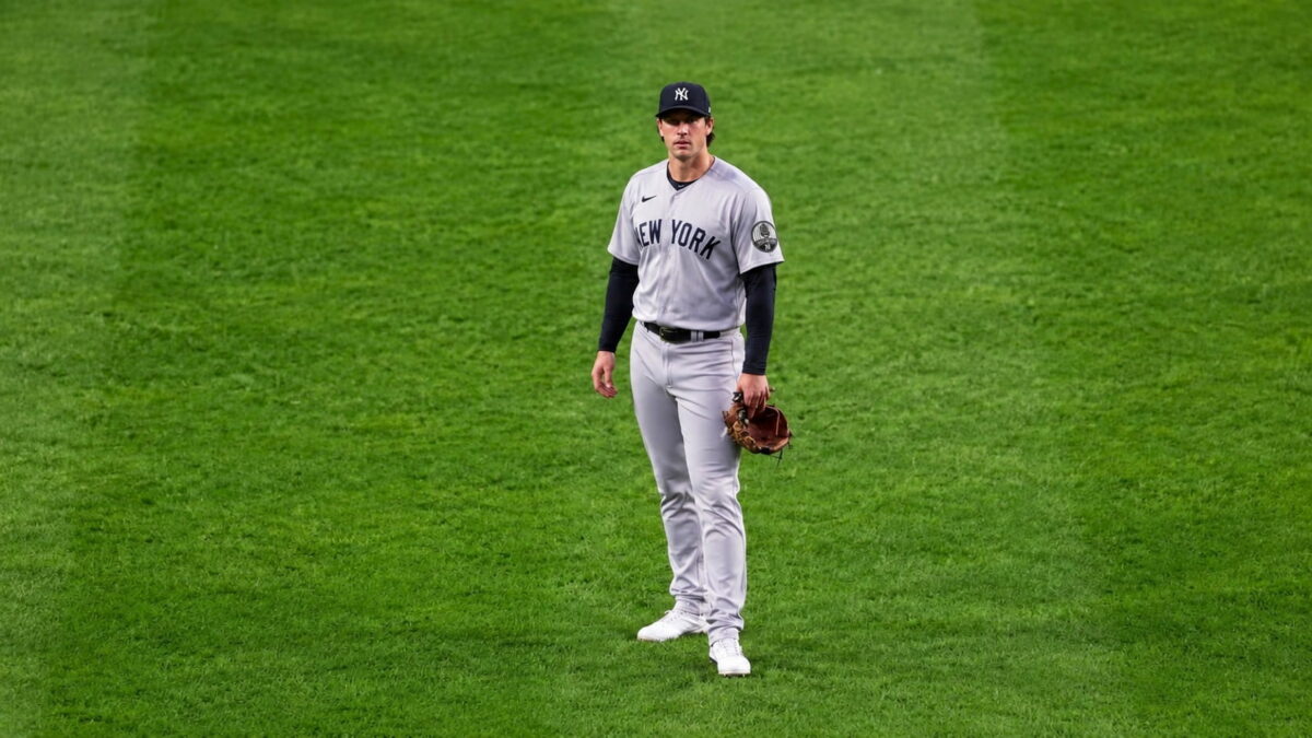 Spencer Jones reacts after his defensive miscue in the Yankees' 5-2 ALDS loss to the Rays, Tampa, October 5, 2026.