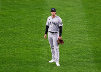 Spencer Jones reacts after his defensive miscue in the Yankees' 5-2 ALDS loss to the Rays, Tampa, October 5, 2026.