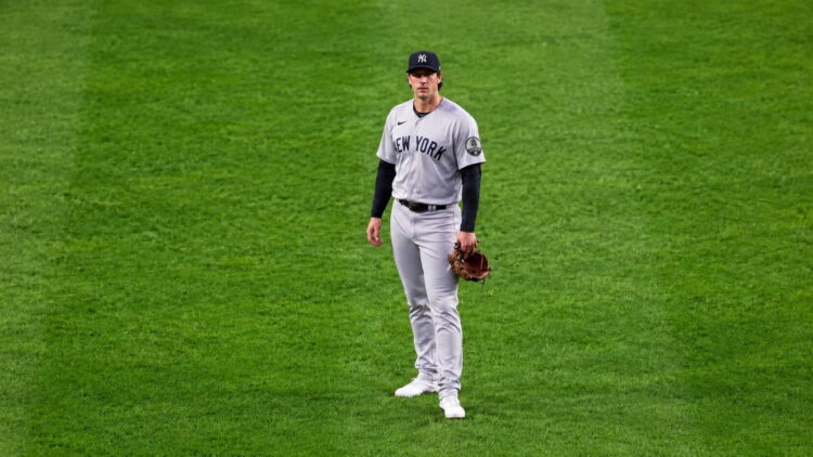 Spencer Jones reacts after his defensive miscue in the Yankees' 5-2 ALDS loss to the Rays, Tampa, October 5, 2026.