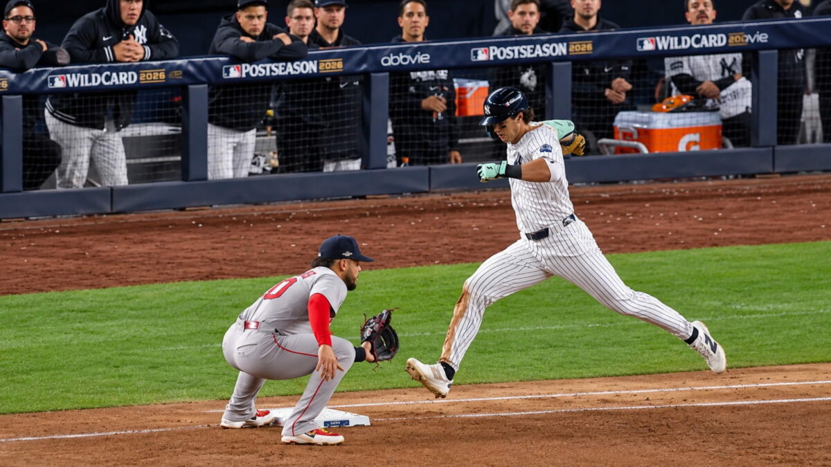 Spencer Jones reached the first base after struck out in the sixth in the Yankees' 9-2 rout of the Red Sox at Yankee Stadium, New York, September 30, 2026.