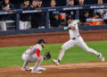 Spencer Jones reached the first base after struck out in the sixth in the Yankees' 9-2 rout of the Red Sox at Yankee Stadium, New York, September 30, 2026.
