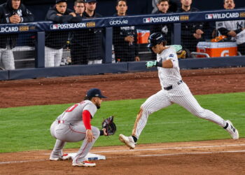 Spencer Jones reached the first base after struck out in the sixth in the Yankees' 9-2 rout of the Red Sox at Yankee Stadium, New York, September 30, 2026.