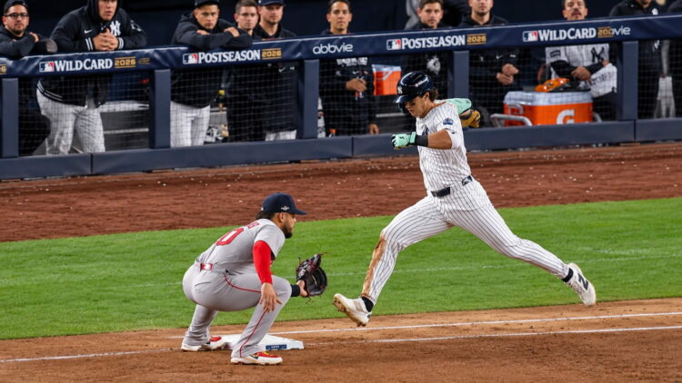 Spencer Jones reached the first base after struck out in the sixth in the Yankees' 9-2 rout of the Red Sox at Yankee Stadium, New York, September 30, 2026.