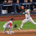 Spencer Jones reached the first base after struck out in the sixth in the Yankees' 9-2 rout of the Red Sox at Yankee Stadium, New York, September 30, 2026.