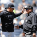 Aaron Boone protests after umpire Hunter Wendelstedt ejected him in the first innings of the Yankees vs. Athletics game at Yankee Stadium on April 22, 2024.
