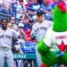 Yankees' Jazz Chisholm and Aaron Judge watch Phillies' mascot Phanatic at Citizen Bank Park on July 31, 2024.