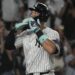 New York Yankees’ Aaron Judge celebrates after hitting a home run which also scored Juan Soto during the first inning of a baseball game against the Toronto Blue Jays, Friday, Aug. 2, 2024, in New York.