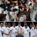 The Yankees celebrate after winning the 1998 World Series on Oct. 21 at Qualcomm Stadium (San Diego) and team with that trophy during an Old Timers Day at Yankee Stadium.