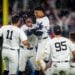 The New York Yankees celebrate after Juan Sot's walk-off hit helped the Yankees beat the Red Sox at Yankee Stadium on September 12, 2024.