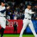 Aaron Judge, Juan Soto, and Luke Weaver celebrate the Yankees' 5-4 win over the Red Sox in the Bronx on September 13, 2024.