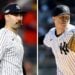 Collage of Yankees relievers Lou Trivino and Jake Cousins. Lou Trivino, who has been shut down for the season due to shoulder issues, is pictured on the left. On the right, Jake Cousins, currently placed on the 15-day injured list with a pectoral strain, stands on the mound in action