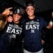 Aaron Judge and Juan Soto celebrate after the Yankees win the AL East title at Yankee Stadium on Sept. 26, 2024.