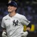 New York Yankees' Ben Rice reacts to fans cheering for him after flying out to Baltimore Orioles center fielder Cedric Mullins during the fourth inning of a baseball game, Wednesday, June 19, 2024, in New York.