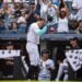 Yankees' Aaron Judge reacts to a curtain call at Yankee Stadium on August 26, 2024.