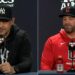 Yankees' manager Aaron Boone and Guardians' manager Stephen Vogt are talking to reporters at Yankee Stadium on October 13, 2024, a day before the start of the 2024 ALCS series.