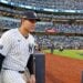 Anthony Rizzo, Yankees first baseman, walks onto the field during player introductions on October 5, 2024, at Yankee Stadium