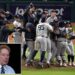 The New York Yankees celebrate after beating the Guardians 5-2 to win ALCS Pennant after a gap of 15 years in Cleveland on October 19, 2024. (inset: John Sterling)